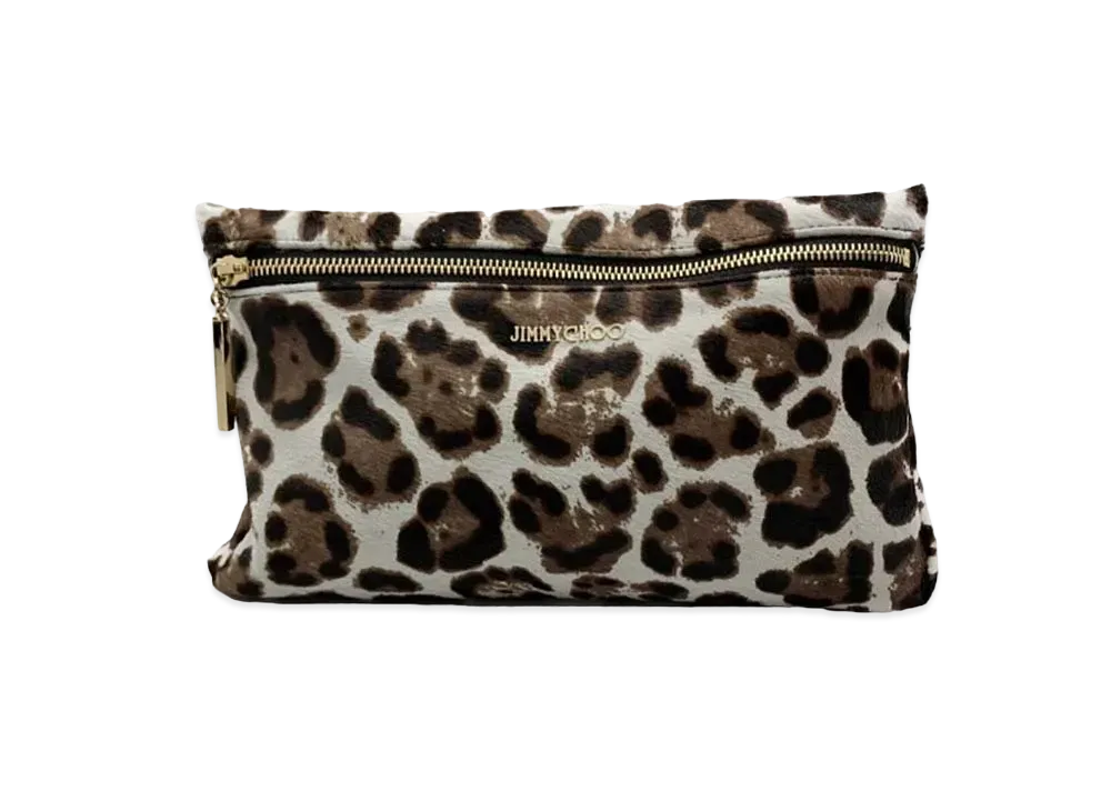 Jimmy Choo Zena Print Pouch Leopard Calf Hair Clutch "Ivory/Brown"