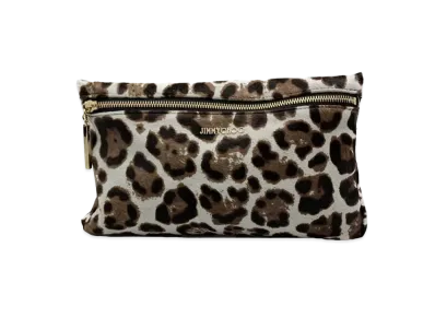 Jimmy Choo Zena Print Pouch Leopard Calf Hair Clutch "Ivory/Brown"