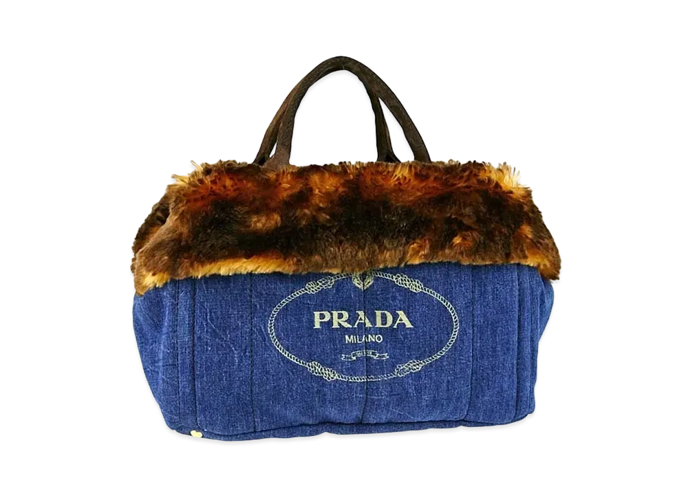 PRADA Blue Denim Logo and Faux Fur Shopping Tote Bag "Blue/Brown"