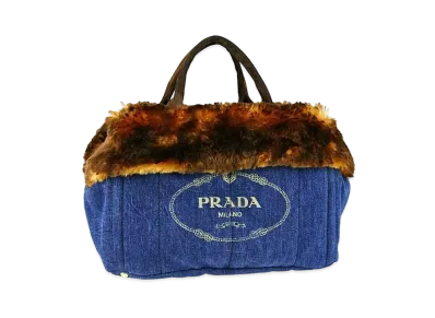 PRADA Blue Denim Logo and Faux Fur Shopping Tote Bag "Blue/Brown"