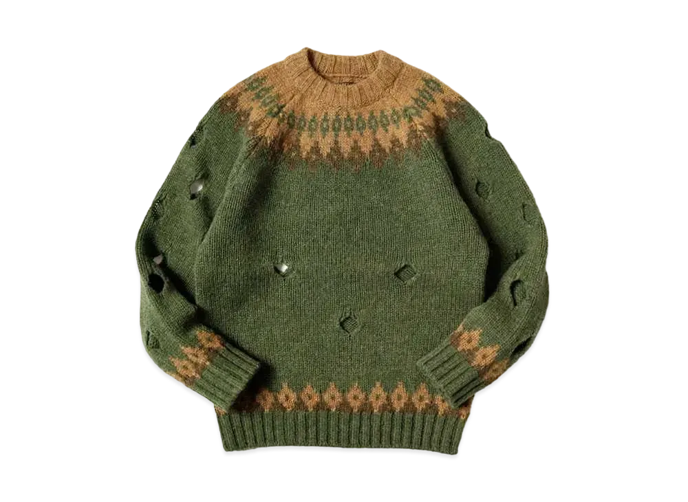 KAPITAL 3G WOOL NORDIC柄 CUT OUT RAGLAN CREW SWEATER "Khaki"