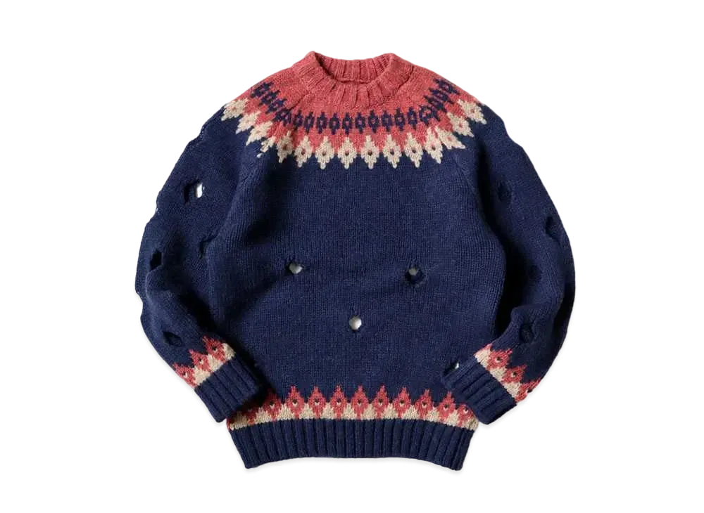 KAPITAL 3G WOOL NORDIC柄 CUT OUT RAGLAN CREW SWEATER "Navy"