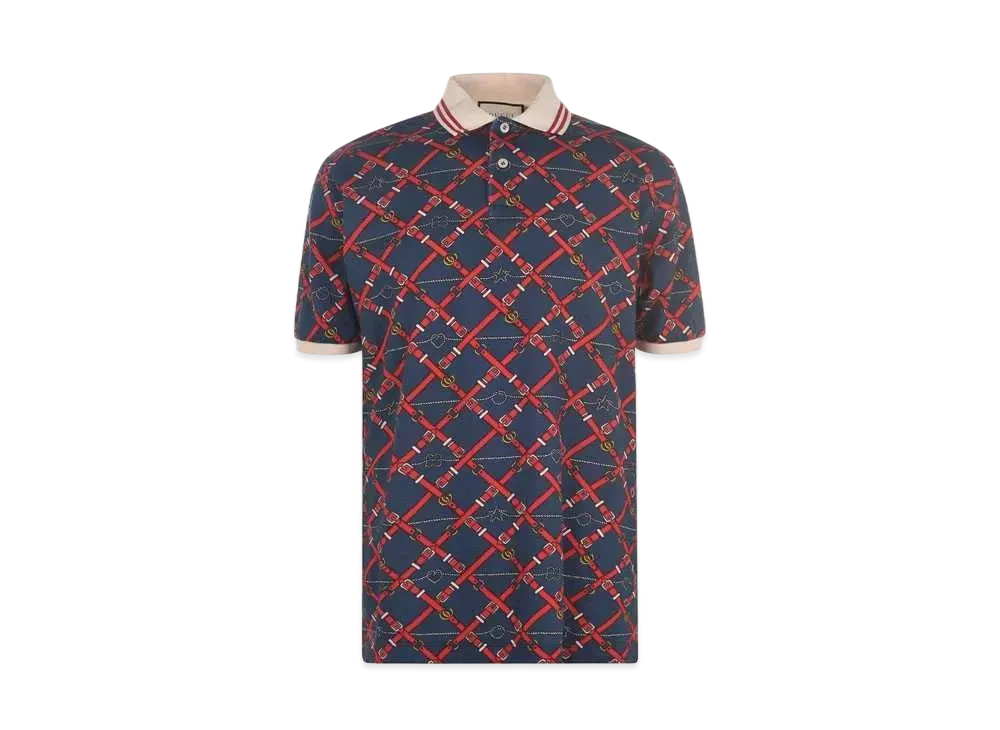 GUCCI GG Logo Belt Button Cotton Polo Shirt "Blue"