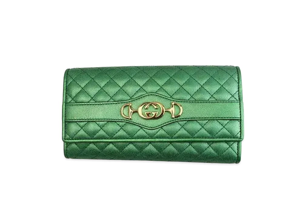 GUCCI Quilted Long Wallet "Metallic Green"