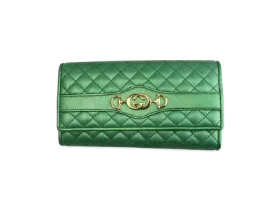 GUCCI Quilted Long Wallet "Metallic Green"