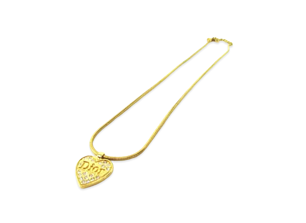 Dior Heart Rhinestone Logo Necklace "Gold"