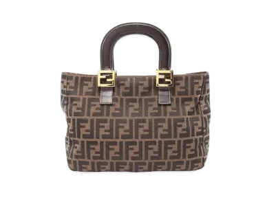 FENDI Zucca Canvas Leather Handle Bag "Brown"