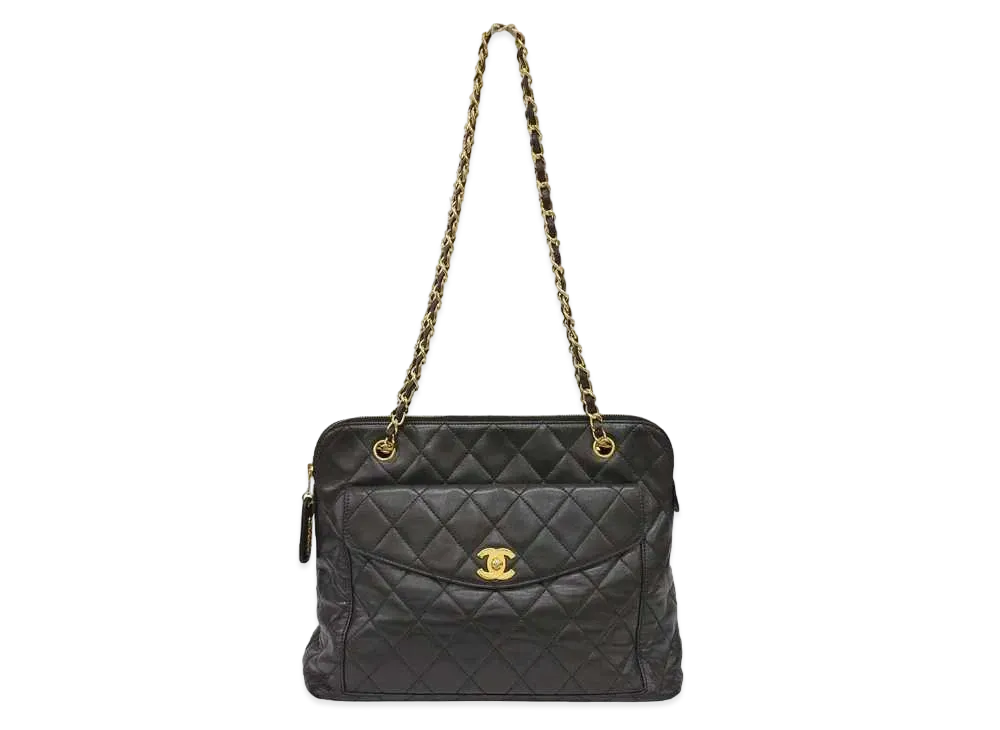 CHANEL Lambskin Matelasse Plate Logo Chain Tote Bag "Black"