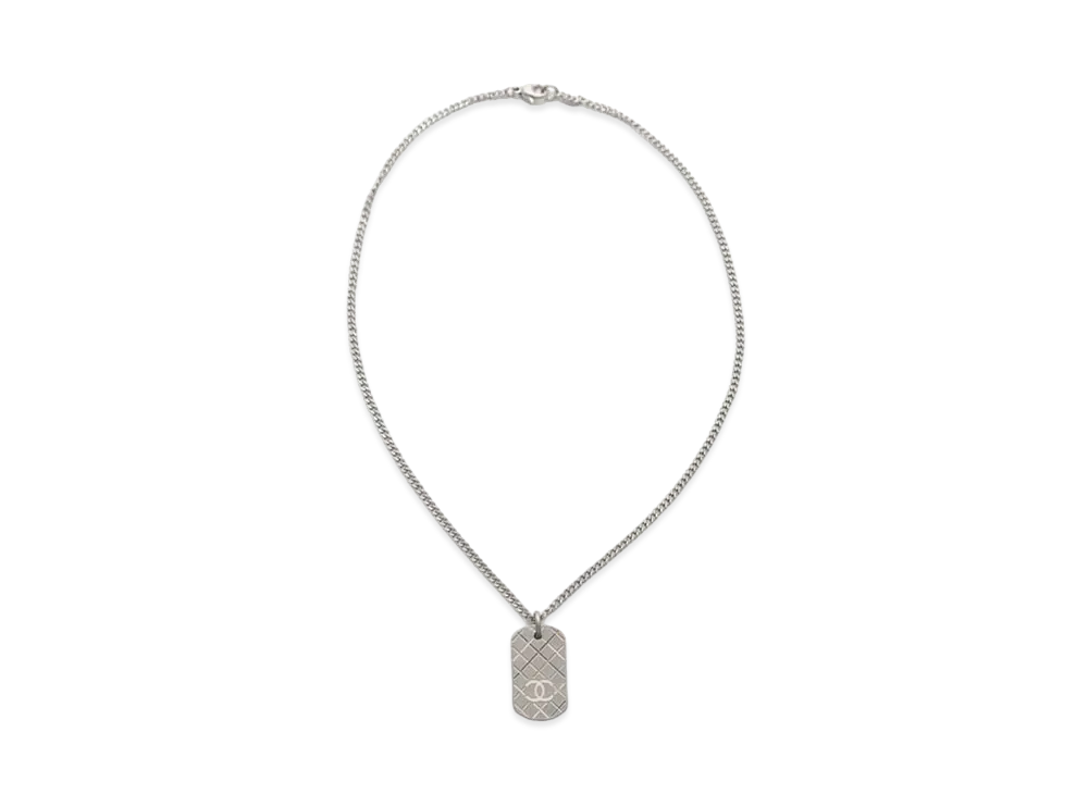 CHANEL Matelasse Dog Tag Necklace "Silver"