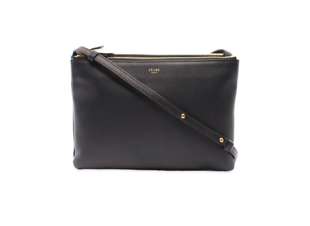 セリーヌ トリオ ラージ レザー ショルダーバッグ "ブラック"