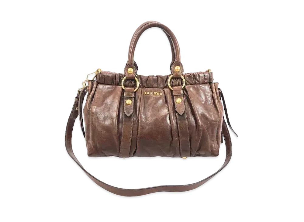 MIU MIU Ribbon Motif Leather Handle Bag "Brown"