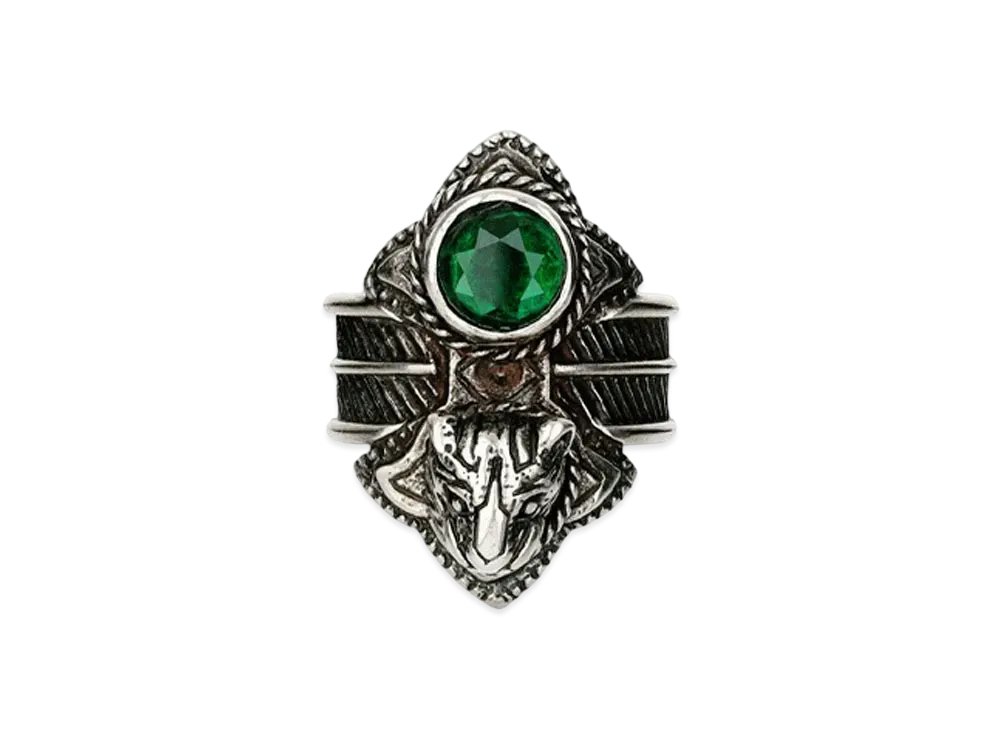 Gucci Feline Head Ring With Green Crystal