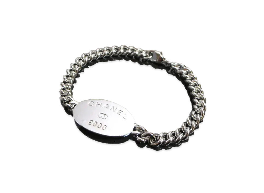 CHANEL 2000 Logo Plate Chain Bracelet "Silver"