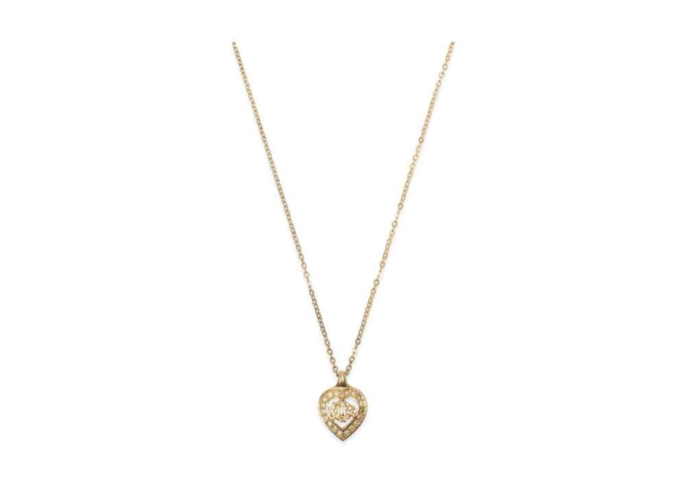 Dior Rhinestone Heart Emblem Plate Necklace "Gold"