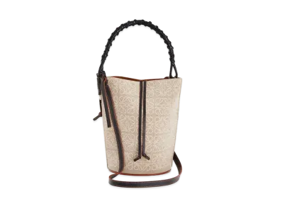 LOEWE Gate Bucket Handle Bag In Anagram Linen and Calfskin "Natural/Black"