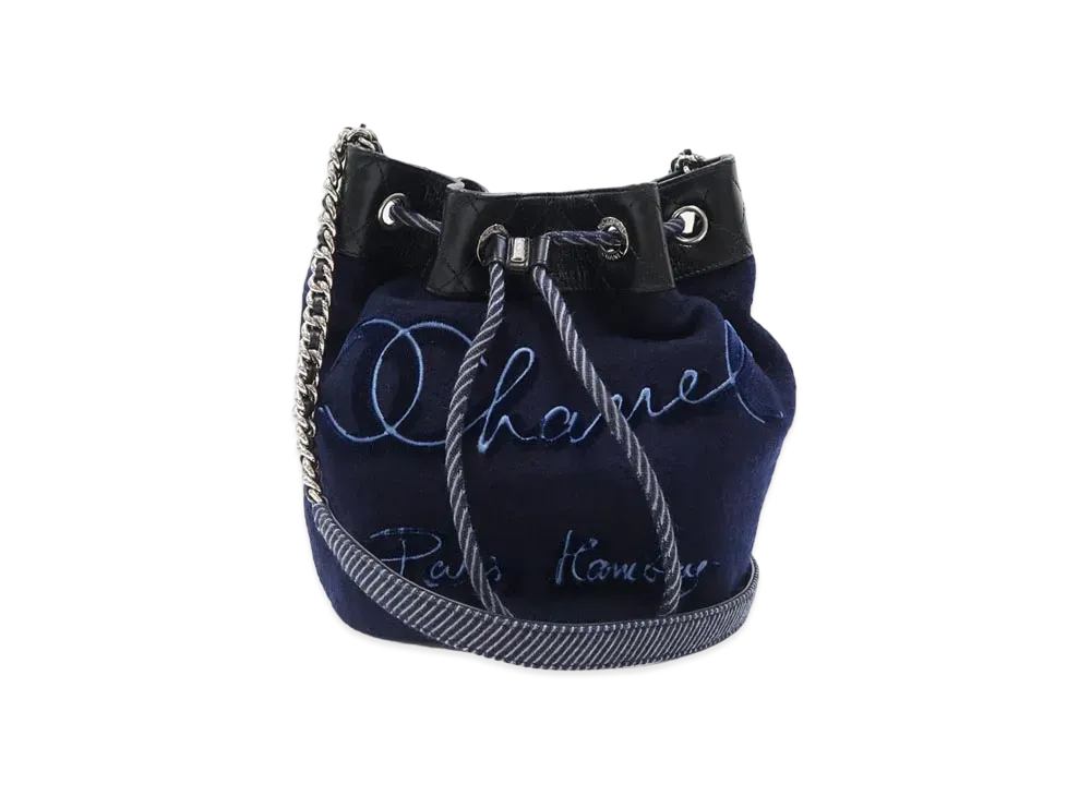 CHANEL Embroidery Drawstring Bag "Navy"