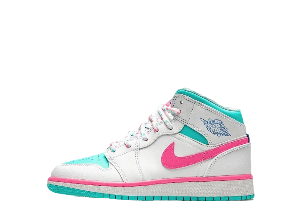 ナイキ GS エアジョーダン 1 ミッド "ホワイト ピンク グリーン ソア"