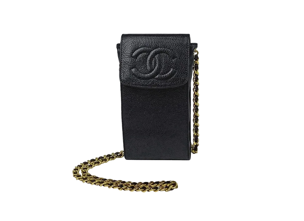 CHANEL Coco Mark Caviar Skin Chain Phone Case "Black"