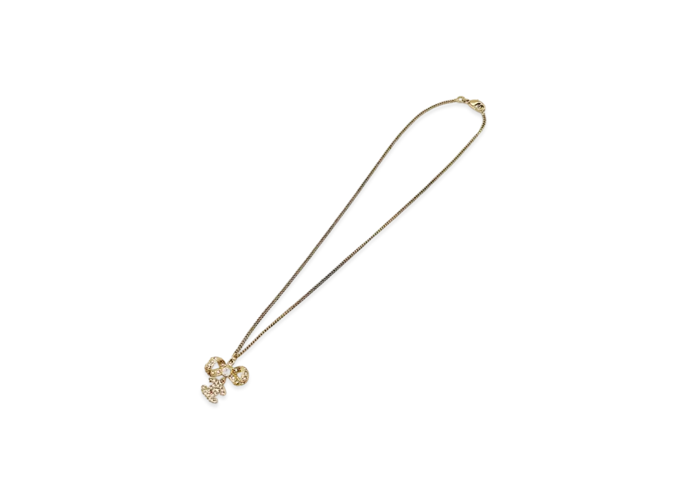 CHANEL Coco Mark Rhinestone Ribbon Necklace "Gold"