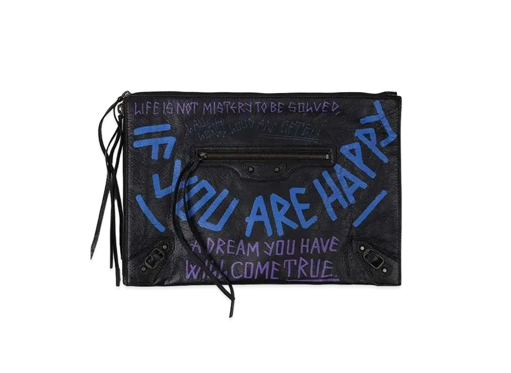 BALENCIAGA Classic Leather Graffiti Clutch Bag "Black"