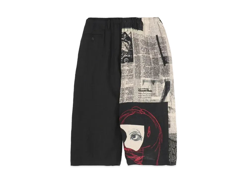 Yohji Yamamoto Pour Homme YUUKA ASAKURA LINEN NEWSPAPER PRINT TWO TONE PANTS "Black"