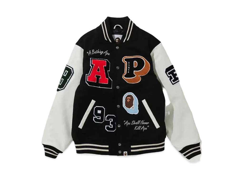 A BATHING APE CRAZY PATCH VARSITY JACKET "Black"