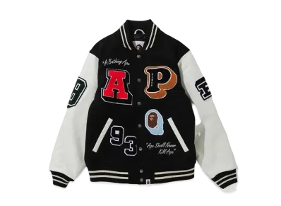 A BATHING APE CRAZY PATCH VARSITY JACKET "Black"