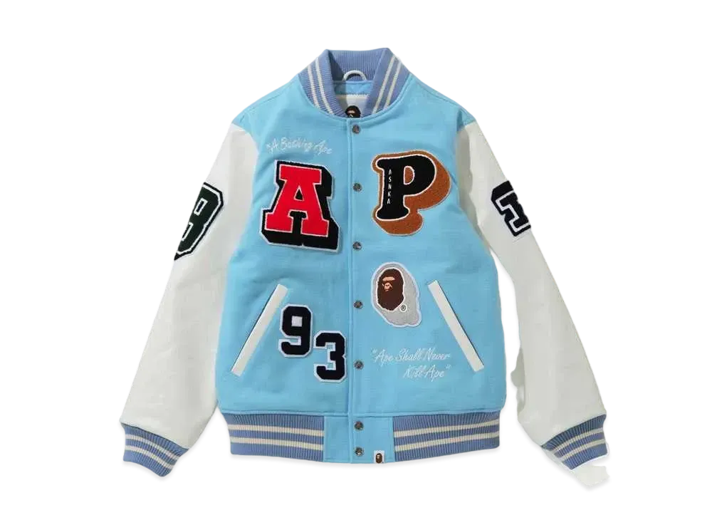 A BATHING APE CRAZY PATCH VARSITY JACKET "Sax"