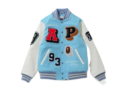 A BATHING APE CRAZY PATCH VARSITY JACKET "Sax"
