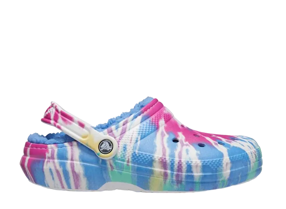 クロックス クラシック タイ ダイ ラインド クロッグ "パワー ブルー/マルチ"