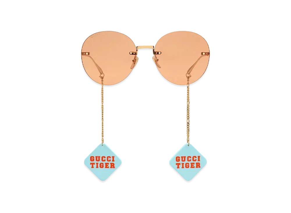 GUCCI Tiger Round-Frame Sunglasses with Pendant "Gold"