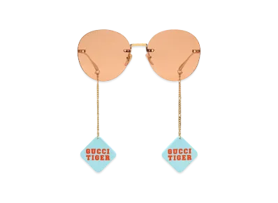 GUCCI Tiger Round-Frame Sunglasses with Pendant "Gold"