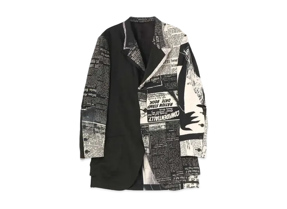 Yohji Yamamoto Pour Homme LINEN NEWSPAPER CAMBRICK CUT-OFF LAPEL JACKET "Black/White"