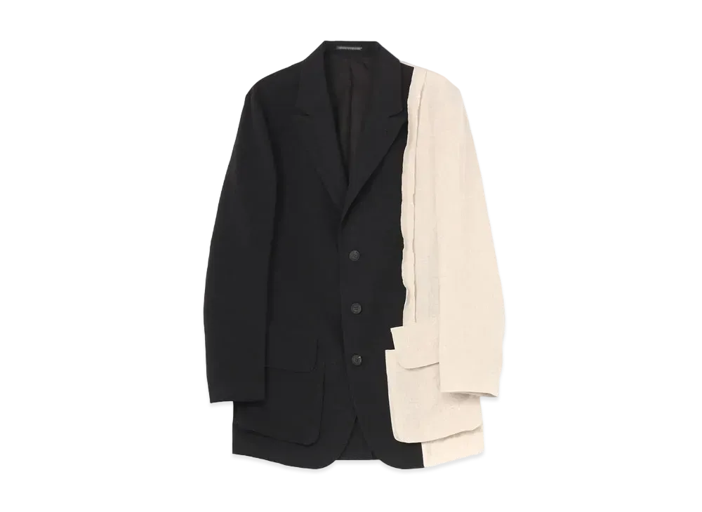 Yohji Yamamoto Pour Homme LINEN/COTTON/NAYLON + LINEN PEAK LEFT FRONT PATCHWORK JACKET "Black"