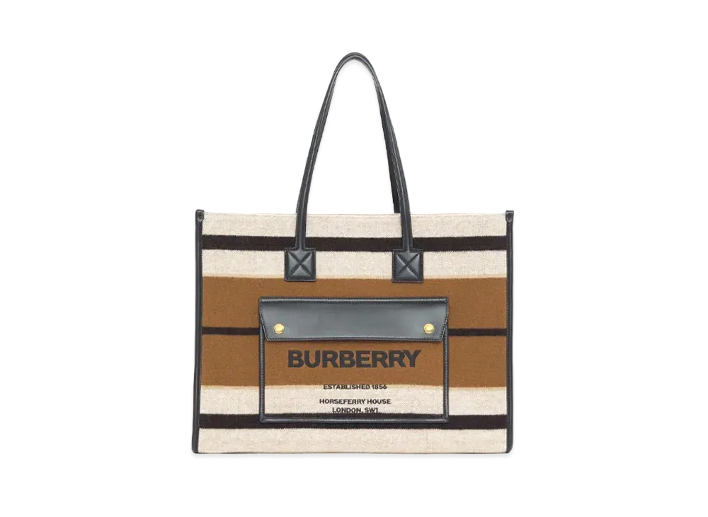 BURBERRY Medium Striped Wool & Leather Flare Tote "Warm Walnut/Black"