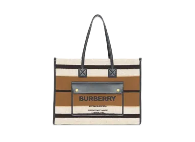 BURBERRY Medium Striped Wool & Leather Flare Tote "Warm Walnut/Black"