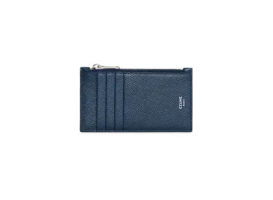 CELINE Zipped Compact Card Holder In Grained Calfskin "Navy Blue"