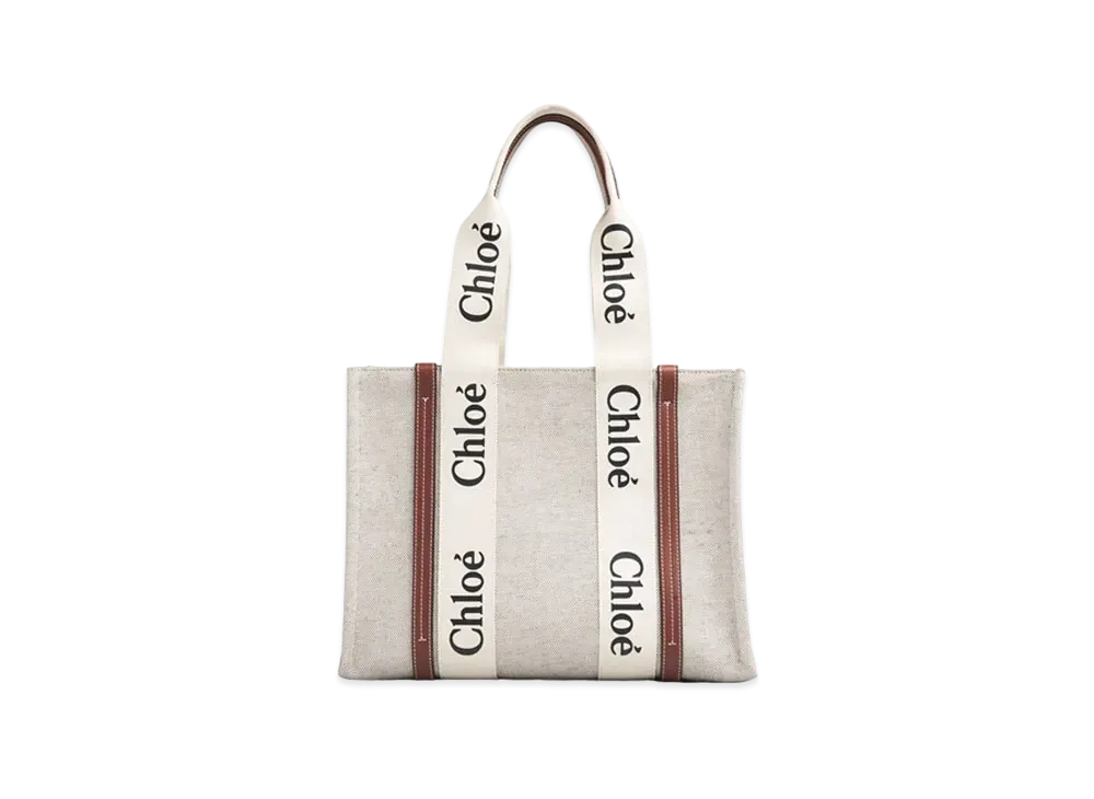 Chloe Medium Woody Tote Bag In Cotton Canvas & Shiny Calfskin With Woody Ribbon "White/Brown"