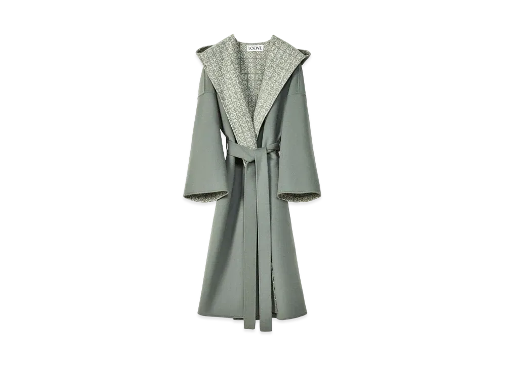 LOEWE Anagram Jacqured Hooded Coat Wool "Khaki Green/Soft White"