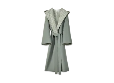 LOEWE Anagram Jacqured Hooded Coat Wool "Khaki Green/Soft White"
