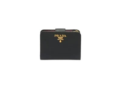 PRADA Small Saffiano Leather Wallet "Black/Hibiscus"
