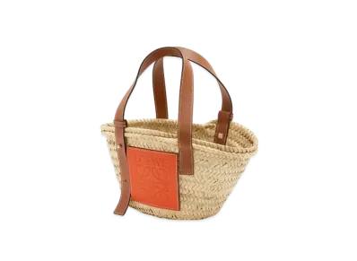 LOEWE Small Basket Bag In Palm Leaf And Calfskin "Natural/Orange"