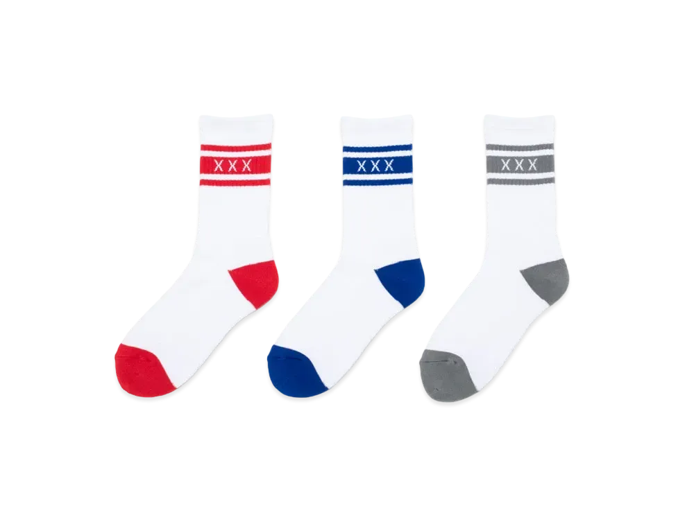 GOD SELECTION XXX SOCKS (3PIECE 1PACK) GX-A22-SO-03 "White x Red/White x Blue/White x Gray"