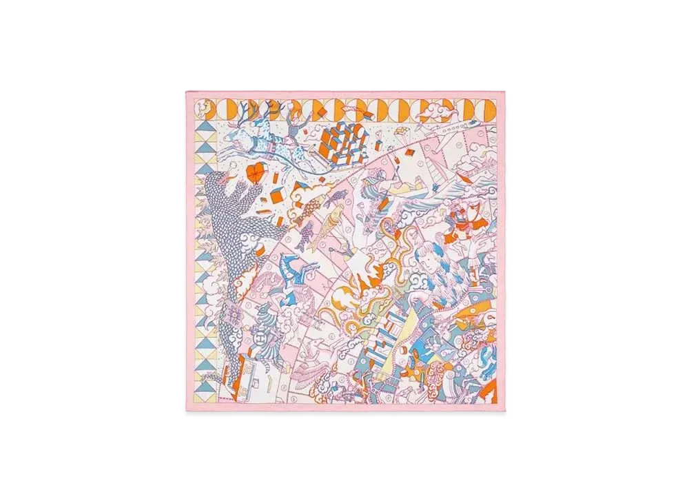 Hermes L'Epopee D'Hermes Detail Scarf 70 "Rose Buvard/Orange/Bleu"