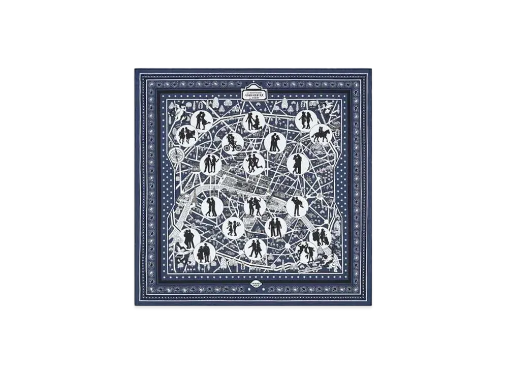 Hermes Bandana 55 Les Nouveaux Amoureux de Paris "Marine/Noir/Blanc"