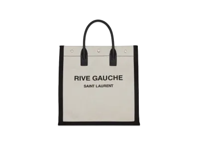 SAINT LAURENT Rive Gauche North/South Tote Bag In Printed Linen And Leather "Lin Blanc"
