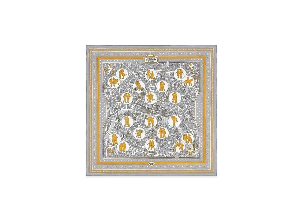 Hermes Bandana 55 Les Nouveaux Amoureux de Paris "Gris/Blanc/Caramel"