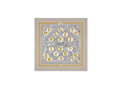 Hermes Bandana 55 Les Nouveaux Amoureux de Paris "Gris/Blanc/Caramel"