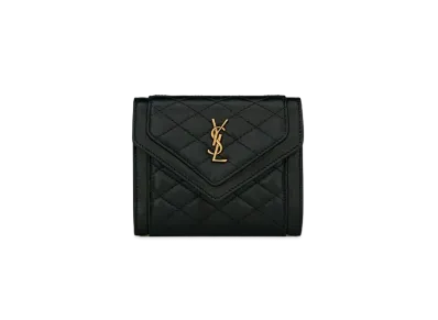 SAINT LAURENT Gaby CompactT Tri-Fold Wallet In Quilted Lambskin "Black"
