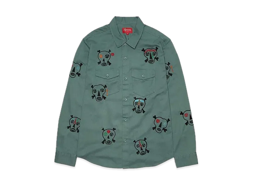 Supreme Clayton Patterson Skulls Embroidered Work Shirt "Dusty Green"